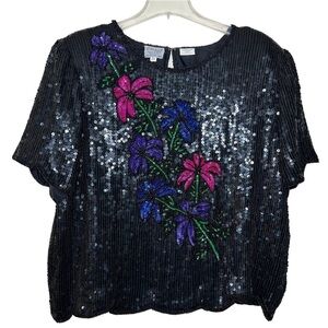 Vintage Stenay 100% Silk Floral Sequined Evening Top Blouse Size 2X NWT